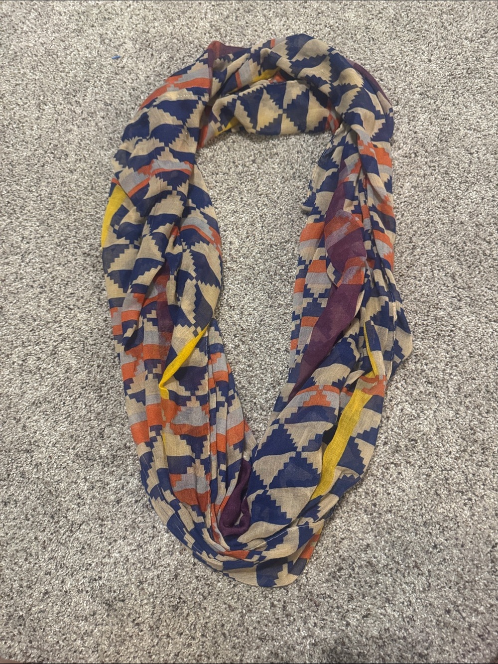 Geometric Pattern Infinity Scarf - Navy, Beige, Orange, Yellow